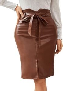 SweatyRocks Women's Elegant High Waist Knot Side Wrap PU Leather Midi Skirt