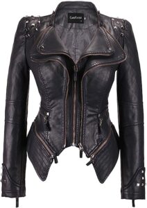 chouyatou Women's Fashion Studded Perfectly Shaping Faux Leather Biker Jacket